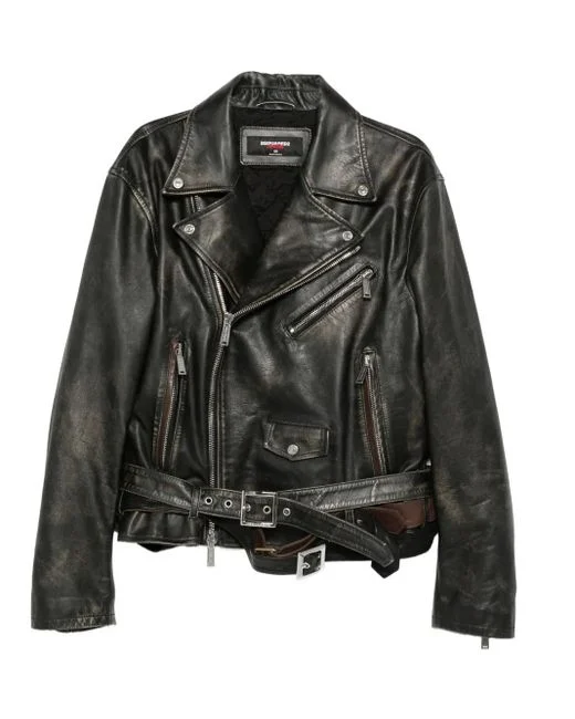dsquared-black-Belted-Leather-Biker-Jacket
