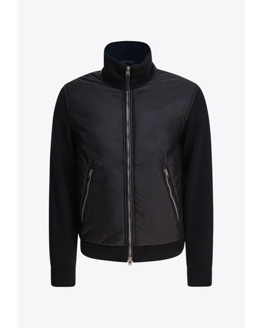 tom-ford-Black-Knitted-Panel-Zip-Up-Bomber-Jacket